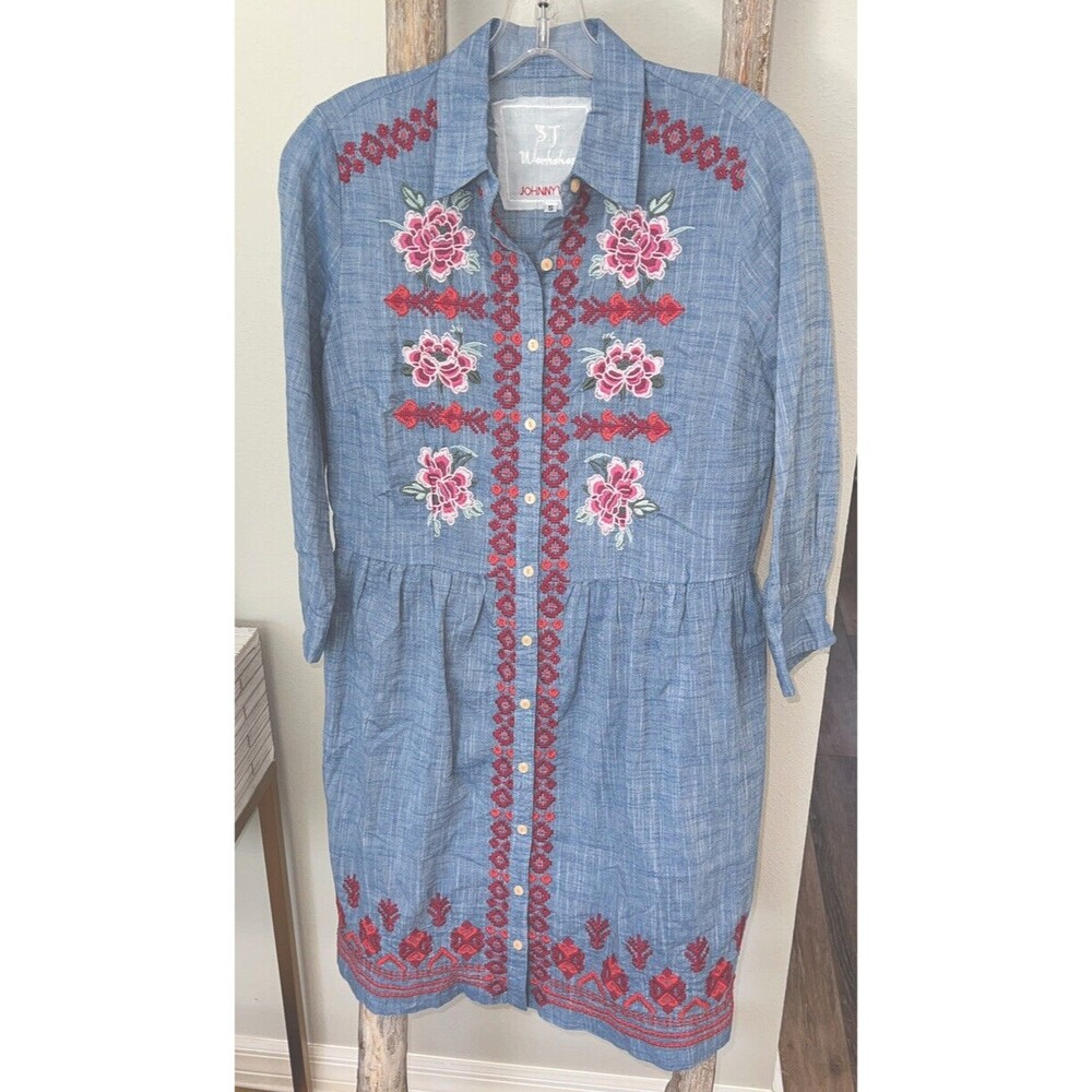 Jonny Was 3 J Workshop Cotton Embroidered Denim Dress sz M